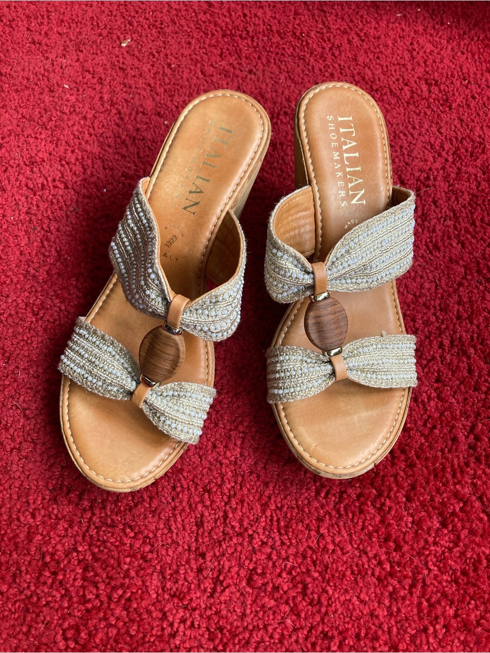 Italian Shoemakers Wedge Sandals Light Blue, Tan and Metallic Beads Size 7.5